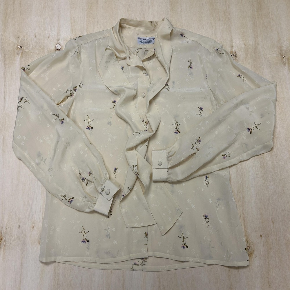 Vintage Manning Company Blouse Womens Medium White Floral Ruffle V Neck Sheer